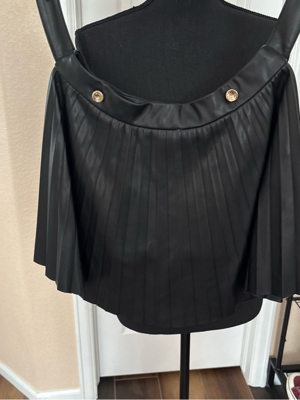Zara Black Pleated Vegan Leather Mini Skirt with Gold Buttons